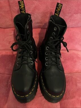 Dr. Martens Black Platform Lace-Up Combat Boots with Yellow Stitching